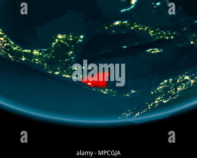Nicaragua la nuit surligné en rouge sur la planète Terre. 3D illustration. Éléments de cette image fournie par la NASA. Banque D'Images