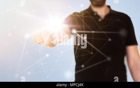 Concept de réseau sur l'écran tactile translucide avec businessman touching noeud avec le doigt étendu Banque D'Images