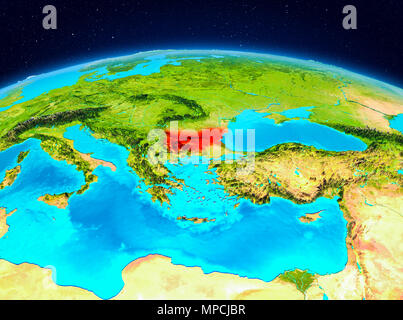 Vue satellite de la Bulgarie a souligné en rouge sur la planète Terre. 3D illustration. Éléments de cette image fournie par la NASA. Banque D'Images