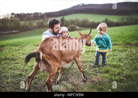 Un père et ses enfants tout-petits avec une chèvre à l'extérieur au printemps la nature. Banque D'Images