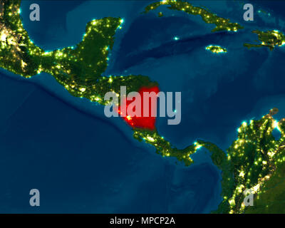 Une vue de la nuit de Nicaragua en rouge sur la planète Terre. 3D illustration. Éléments de cette image fournie par la NASA. Banque D'Images