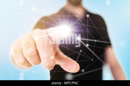 Concept de réseau sur l'écran tactile translucide avec businessman touching noeud avec le doigt étendu Banque D'Images