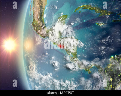 El Salvador vu de l'espace sur la planète Terre pendant le coucher du soleil. 3D illustration. Éléments de cette image fournie par la NASA. Banque D'Images