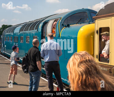 Gala diesel à Severn Valley, Kidderminster. Les passionnés de train admirent le moteur diesel de classe 55 du Royal Highland Fusilier sur une plate-forme en attente de départ. Banque D'Images