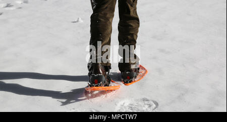 Homme marche avec raquettes et orange sur la neige blanche en velours côtelé Banque D'Images