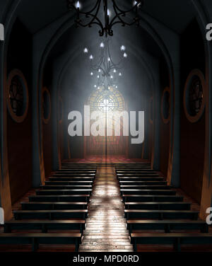 Un grand sombre intérieur de l'église éclairée par des rayons de soleil de pénétrer à travers une fenêtre en verre dans le motif d'un crucifix - 3D render Banque D'Images