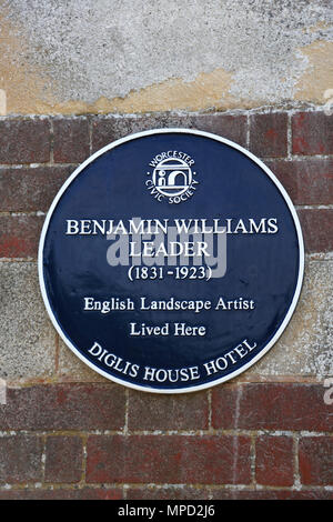 Blue plaque à l'emplacement de l'accueil de l'artiste paysagiste anglais Benjamin Williams Leader (1831-1923) Banque D'Images