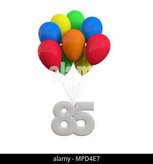 Numéro 85 partie célébration. Nombre attaché à un tas de ballons. Le Rendu 3D Banque D'Images