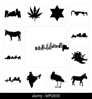 Ensemble de 13 icônes modifiable simple comme l'Arkansas, l'âne, Stork, Inde, , tête de licorne, la Jamaïque, la Louisiane contours sur fond blanc, l'Âne peut être Illustration de Vecteur