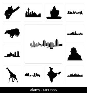 Ensemble de 13 icônes modifiable simple tels que cincinnati skyline, St Paul skyline sur fond blanc, de l'Inde , la carte, Fort Worth girafe, Gandhi, long island Illustration de Vecteur