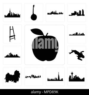 Ensemble de 13 icônes modifiable simple comme apple, Seattle skyline sur fond blanc, , dubai skyline, Kansas City shih tzu, corps de scène de crime peut être utiliser Illustration de Vecteur