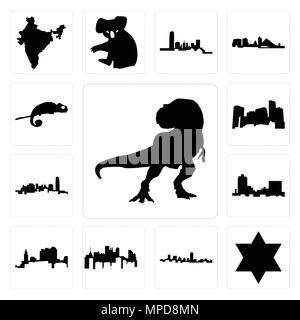 Ensemble de 13 icônes modifiable simple comme le t rex, étoile de David, dans le Maryland, contour en noir, Pennsylvania State, l'Ohio, Montana, New York, Minnesota, cham Illustration de Vecteur