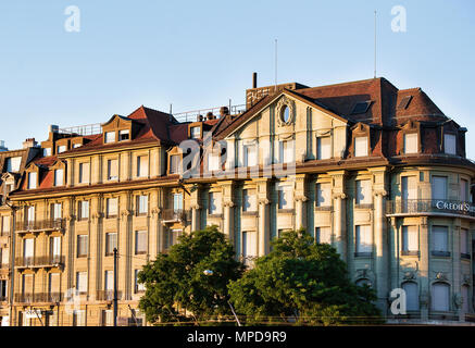Lausanne, Suisse - le 26 août 2018 : vieux bâtiment dans le quartier du Flon à Lausanne, Suisse. Banque D'Images