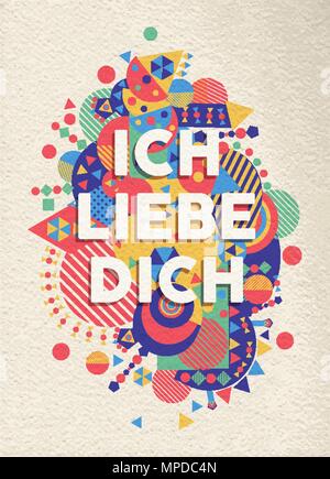J'aime la typographie coloré affiche en langue allemande. Citation romantique design avec la texture du papier de fond. Vecteur EPS10. Illustration de Vecteur