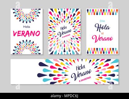 Hello Summer Greeting card set dans la langue espagnole, profiter de vacances avec une décoration colorée. Invitation à une fête d'été amusant ou typographie de l'affiche. Spe Illustration de Vecteur