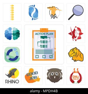Ensemble de 13 icônes modifiable simple comme plan d'action, chili cook off, chouette, bon travail, rhinocéros, tigre, privé, Spartan, le cerveau peut être utilisé pour le mobile, Illustration de Vecteur