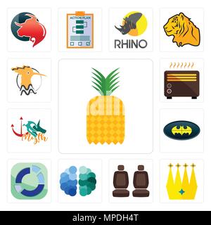 Ensemble de 13 icônes modifiable simple comme l'ananas, couronne, siège auto, cerveau, privé, bat, mythe, bougies, huppe peut être utilisé pour l'interface utilisateur web, mobile Illustration de Vecteur