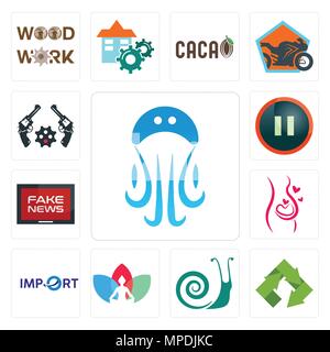 Ensemble de 13 icônes modifiable simple tels que les méduses, recycler, escargots, chakra, l'importation, la grossesse, de fausses nouvelles, pause, revolver peut être utilisé pour le mobile, web Illustration de Vecteur