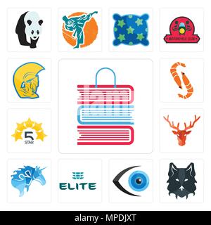 Ensemble de 13 icônes modifiable simple comme Book Shop, le loup visage, globe oculaire, l'élite, tête de cerf ,, 5 étoiles, crevettes, chef guerrier peut être utilisé pour le mobile, nous Illustration de Vecteur