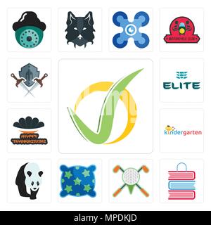 Ensemble de 13 icônes modifiable simple comme coche, Book Shop, tournoi de golf, un oreiller, , jardin d'enfants, joyeux thanksgiving, l'élite, le bouclier et l'épée Illustration de Vecteur