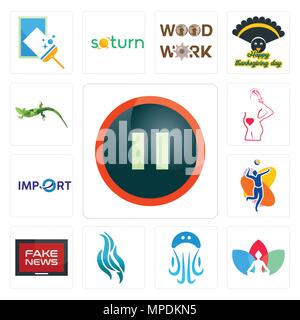 Ensemble de 13 icônes modifiable simple comme pause, chakra, méduses, flamme, de fausses nouvelles, équipe de volley-ball, l'importation, la maternité, un lézard peut être utilisé pour le mobile, Illustration de Vecteur