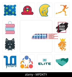 Ensemble de 13 icônes modifiable simple tels que fer, serrements de mains, l'élite, 3 personnes, 10 ans, lion royal, face au loup, vendredi noir, vente de livres peuvent b Illustration de Vecteur