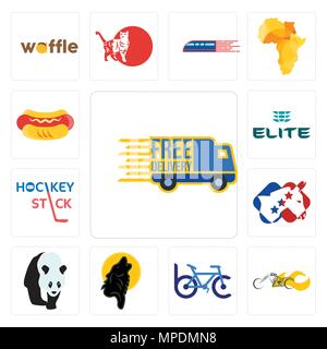 Ensemble de 13 icônes modifiable simple comme la livraison gratuite, broyeur, vélo club, Loup noir, , démocrate, bâton de hockey, l'élite, hot-dog peut être utilisé pour le mo Illustration de Vecteur