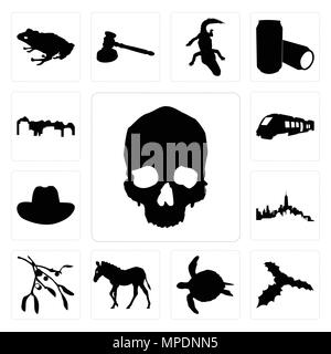 Ensemble de 13 icônes modifiable simple comme le contour du crâne sur fond blanc, le gui tortue de mer arrière-plan peut être utilisé pour le mobile, l'interface utilisateur web Illustration de Vecteur