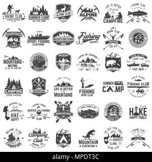 Camp d'été, pêche, randonnées alpines et de club. Vector illustration. Set de badges vintage, étiquettes, logos, silhouettes. Typographie Vintage collection wit Illustration de Vecteur