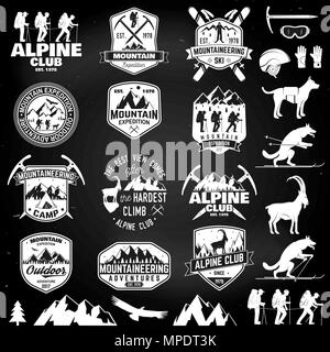 Set de badges d'expédition en montagne au tableau. Vecteur. Concept pour alpine club shirt ou logo, print, stamp ou tee. Des alpinistes et Design Illustration de Vecteur