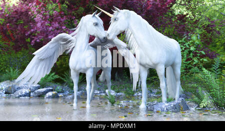 Fantasy blanc mythique Licorne et Pégase dans une forêt enchantée . Rendu 3d, debout dans l'étang Banque D'Images