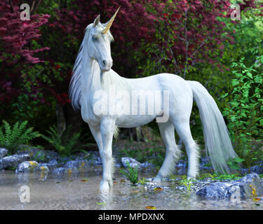 Licorne blanche mythique posant dans une forêt enchantée . Le rendu 3D Banque D'Images