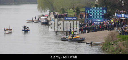 La course de bateaux Xchanging, Oxford vs Cambridge University, l'équipage d'Oxford célébrer remportant la 157e course de bateau annuel avec le traditionnel le dunk Cox dans l'eau - la rivière Thames, London, 26 mars 2011 Banque D'Images