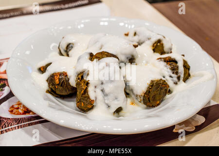 Dolma turc avec yogourt / Feuilles de vigne farcies avec du riz et de la viande hachée. La nourriture traditionnelle. Banque D'Images