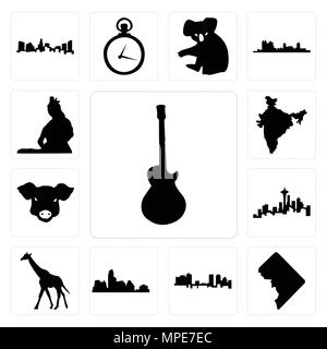 Ensemble de 13 icônes modifiable simples tels que l'image les paul, dc, Fort Worth skyline, Austin, Seattle skyline girafe sur fond blanc, de face, en Inde , porc Illustration de Vecteur