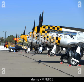 Les avions de chasse de la Seconde Guerre mondiale repose sur la ligne de vol au cours de la formation et de la certification de vol du patrimoine au cours de la base aérienne Davis-Monthan Air Force Base, en Arizona, le 10 février 2017. L'avion moderne qui ont participé au CCCPP étaient le F-35 Lightning II, le F-22 Raptor, le F-16 Fighting Falcon et le A-10 Thunderbolt C II. L'avion historique inclus le P-51 Mustang et TF-51, le P-40 Warhawk, le P-38 Lightning, le P-47 Thunderbolt, le T-33 Shooting Star et le F-86 Sabre. (U.S. Air Force photo par un membre de la 1re classe Giovanni Sims) Banque D'Images