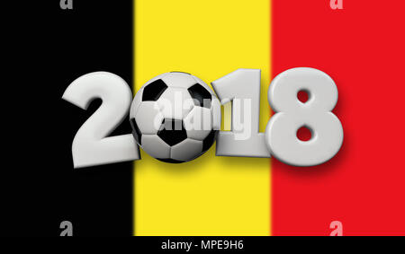 Foot 2018 concept. Le texte blanc avec ballon de soccer sur un arrière-plan du pavillon de la Belgique. Le Rendu 3D Banque D'Images