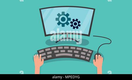 Mains à l'aide d'ordinateur pour config system vector illustration.La configuration ordinateur personnel concept Illustration de Vecteur