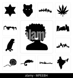 Ensemble de 13 icônes modifiable simple comme afro, l'Inde, le Maryland contours, en noir, caméléon, boule, fil , Beaver, le Minnesota, l'Utah peut être utilisé pour mobil Illustration de Vecteur