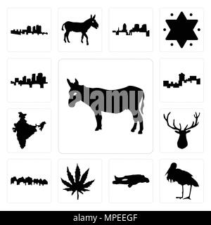Ensemble de 13 icônes modifiable simple comme l'âne, Stork, craies, feuilles de marijuana, Utah, elk head, l'Inde, du Montana, de l'Arkansas peut être utilisé pour le mobile, l'interface utilisateur web Illustration de Vecteur