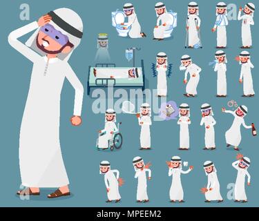 Ensemble de diverses poses de télévision arabe type man maladie Illustration de Vecteur