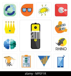 Ensemble de 13 icônes modifiable simple comme le lithium batterie, phone, rendement, plan d'action, huppe fasciée, Rhino, cerveau, bon travail, la couronne peut être utilisé pour le mobile, Illustration de Vecteur