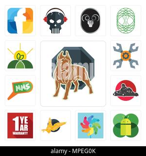 Ensemble de 13 icônes modifiable simple comme pit bull, un os mobile, colorent, gryphon, garantie de 1 an, kart, mms, de réparation de l'appareil peut être utilisé pour l'agro m Illustration de Vecteur