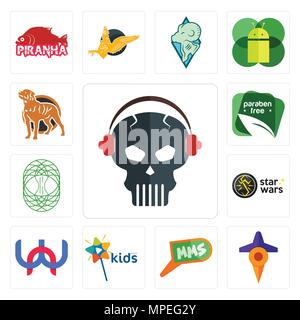 Ensemble de 13 icônes modifiable simple comme le crâne avec casque, travel, mms, mini chaîne, wn, star wars, celtique de l'arbre de vie, sans parabène, rottweiler Illustration de Vecteur