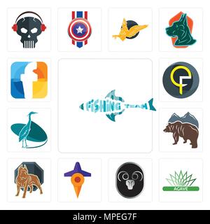 Ensemble de 13 icônes modifiable simple comme l'équipe de pêche, de l'agave, ram, voyage, pit bull, ours, Heron, qf, f peut être utilisé pour le mobile, l'interface utilisateur web Illustration de Vecteur