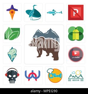 Ensemble de 13 icônes modifiable simple tels qu'ours, montagne, chef, wn, crâne avec casque, Pinetree, vérins, un os mobile, la stévia peut être utilisée pour mobile Illustration de Vecteur