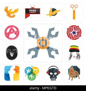 Ensemble de 13 icônes modifiable simple comme l'appareil de réparation, pit bull, crâne avec casque, vélo, natation course f, rastaman, ram, dream team, l'anarchie peut être Illustration de Vecteur