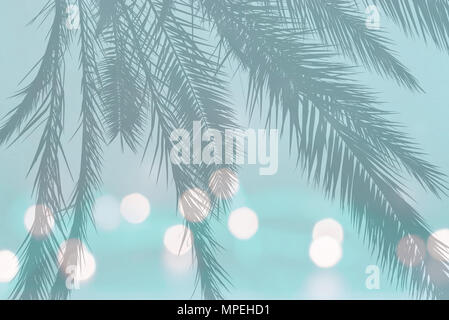 La silhouette de la feuille de palmier de fête des Lumières floues sur sur le doux teal turquoise vintage green background with copy space Banque D'Images