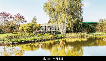 Panorama d'un bel endroit pour se détendre sur le lac en Mezhyhirya Park près de Kiev. Dans l'arrière-plan la floraison des arbres, des buissons de rhododendrons et d'un confortable gaz Banque D'Images