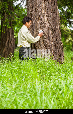 Plan conceptuel d'un businessman adjusting un thermostat relié à l'arbre à côté de lui. Illustrant le changement climatique / réchauffement climatique ou en tournant vers le bas Banque D'Images